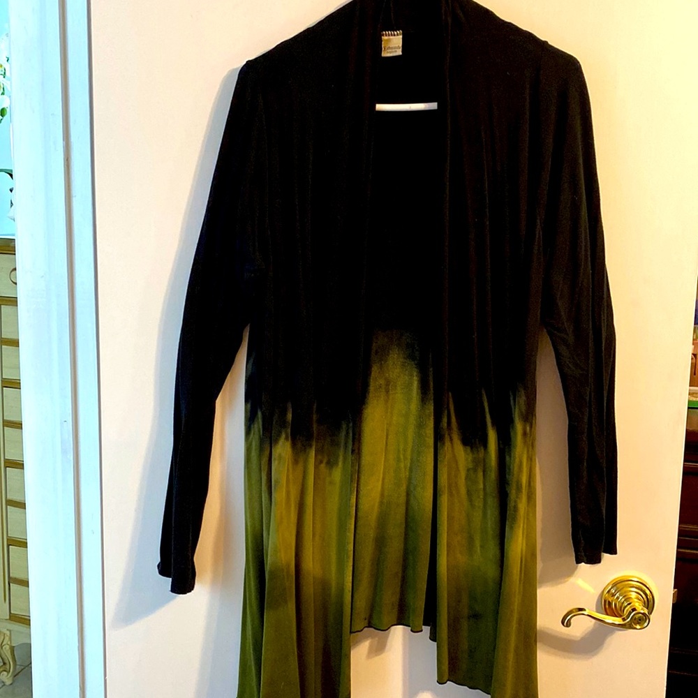 Black and Olive Green Dip-Dye Open Cardigan - Women